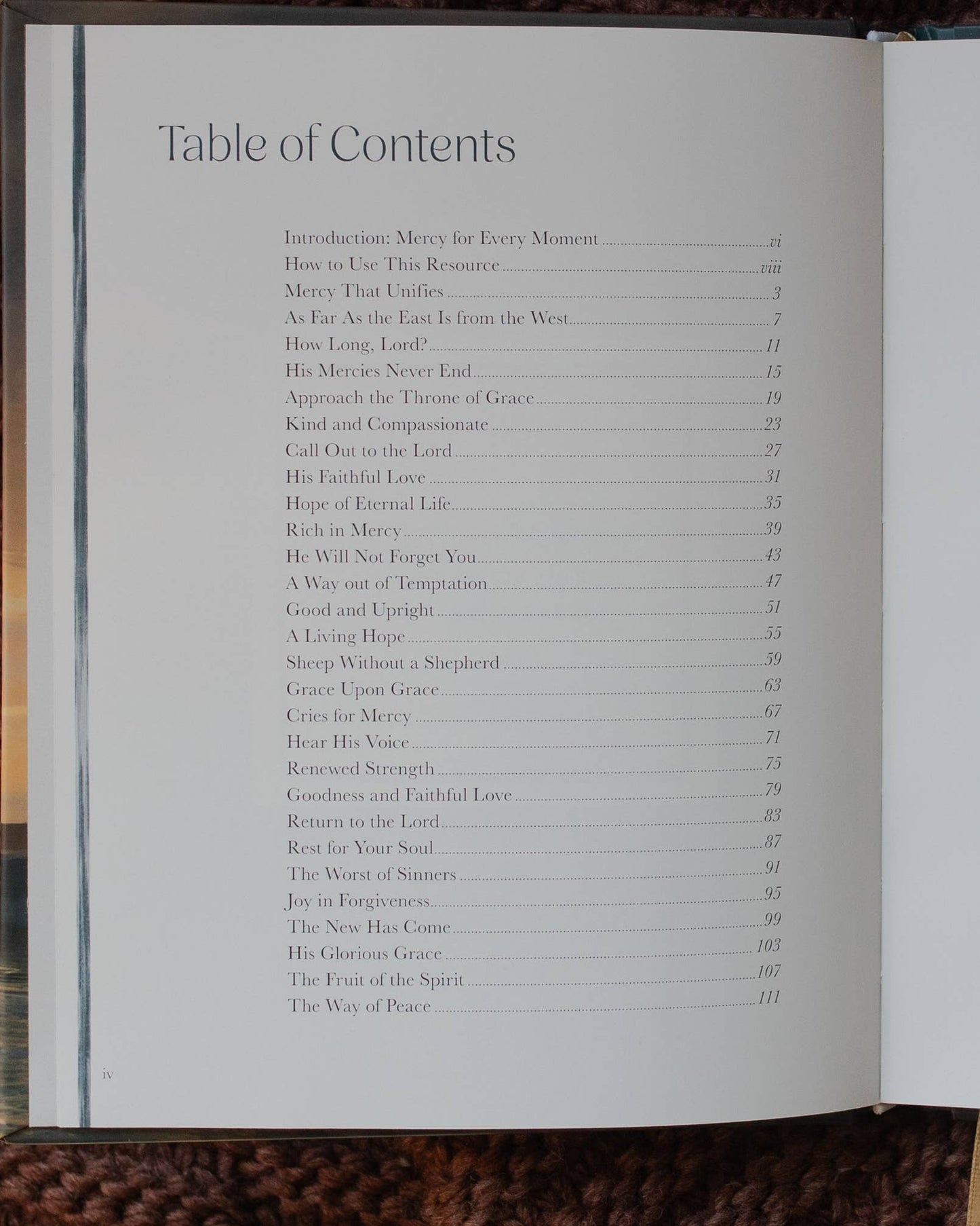Open book with a table of contents on a textured brown surface
