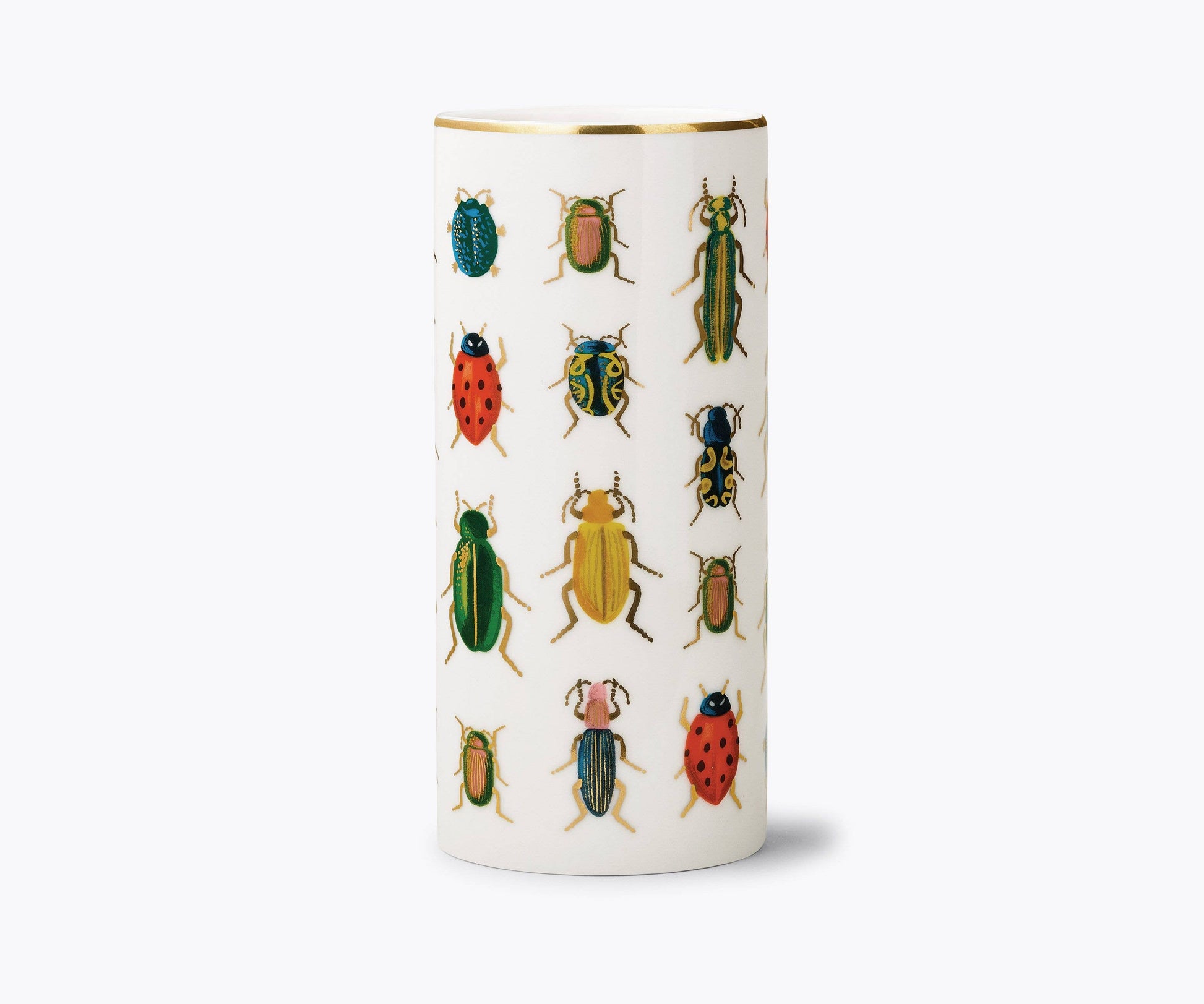 Cylindrical container with beetle illustrations on a white background