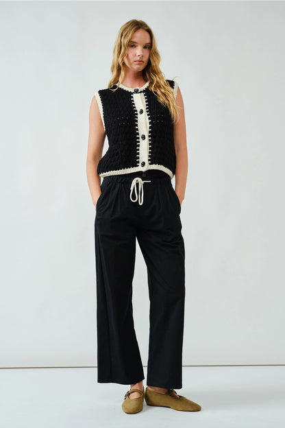 Black and White Knit Vest Top with Contrast Trim and Statement Buttons