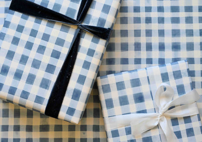 Bramble Blue Gingham Gift Wrap : Roll of 3 Sheets
