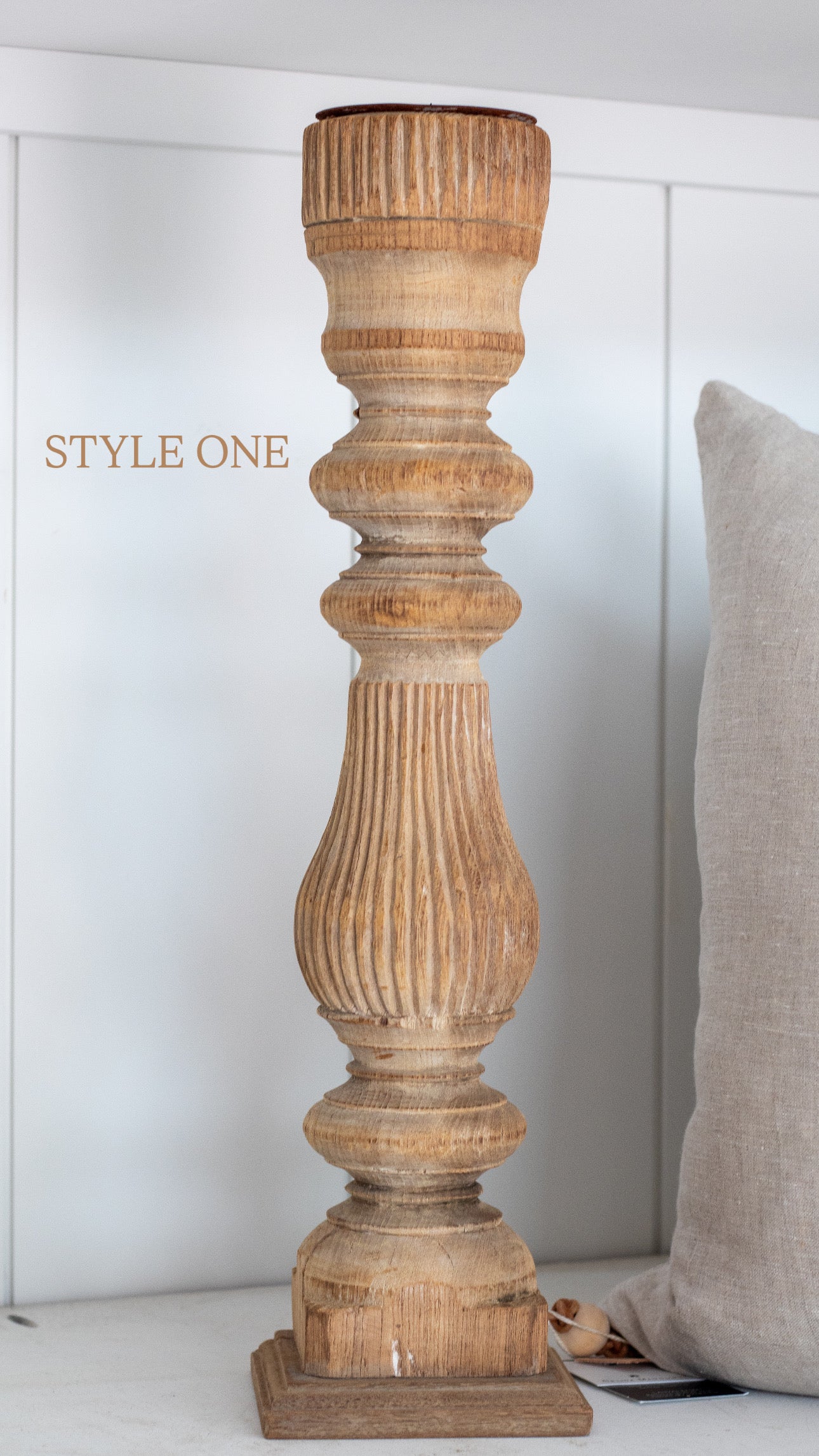 Found Hand-Carved Wood Table Leg Pillar Candle