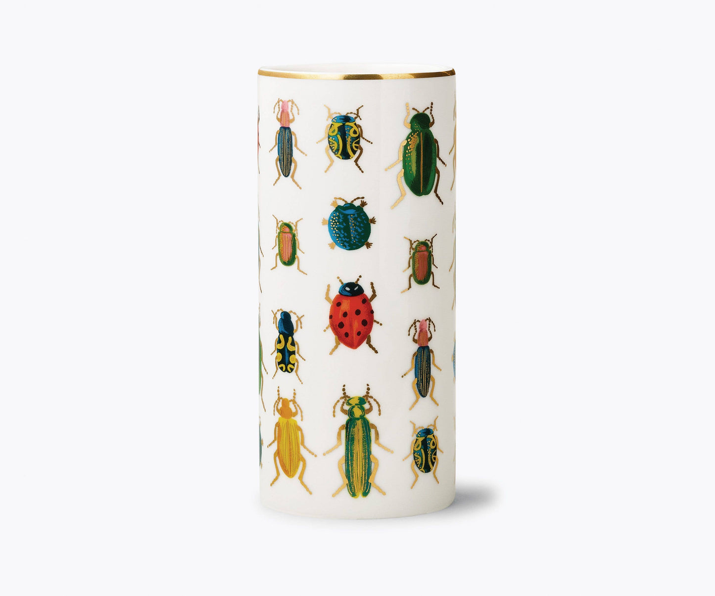Cylindrical container with beetle illustrations on a white background