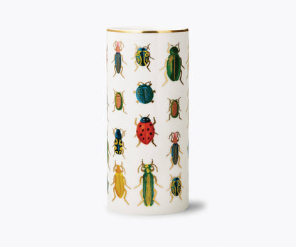 Cylindrical container with beetle illustrations on a white background