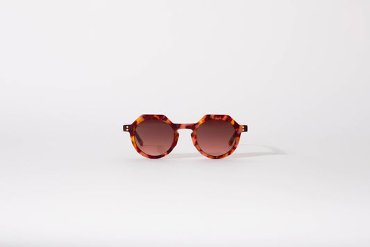 Sunglasses with tortoiseshell frame and brown lenses on a white background