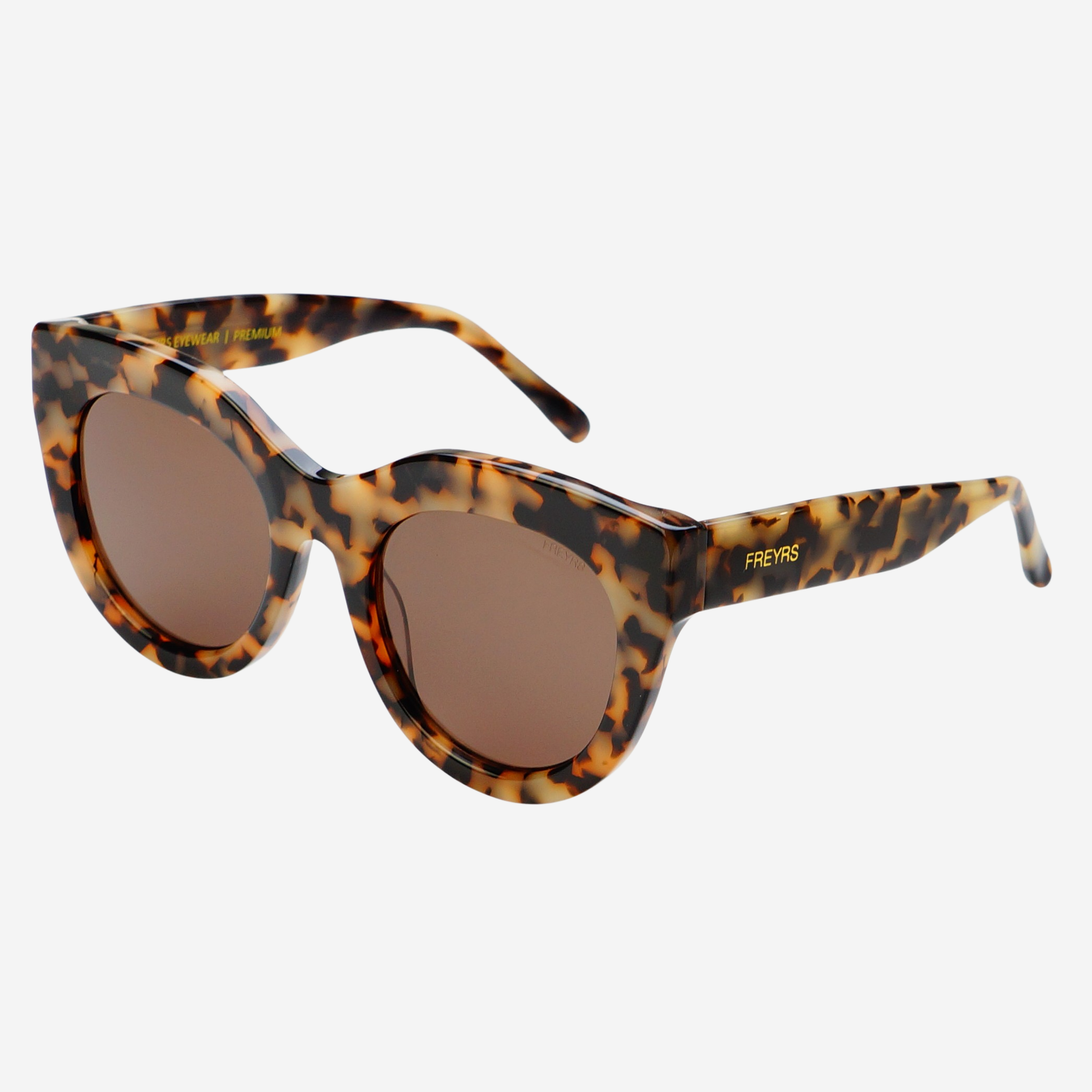 Sunglasses with tortoiseshell frame and brown lenses on a white background