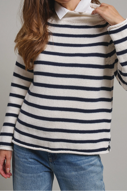 Navy Stripe Mock Neck Cotton Knit Sweater