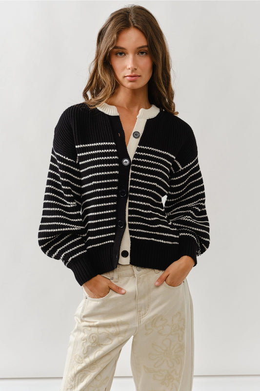 Black & White Striped Balloon Sleeve Cardigan