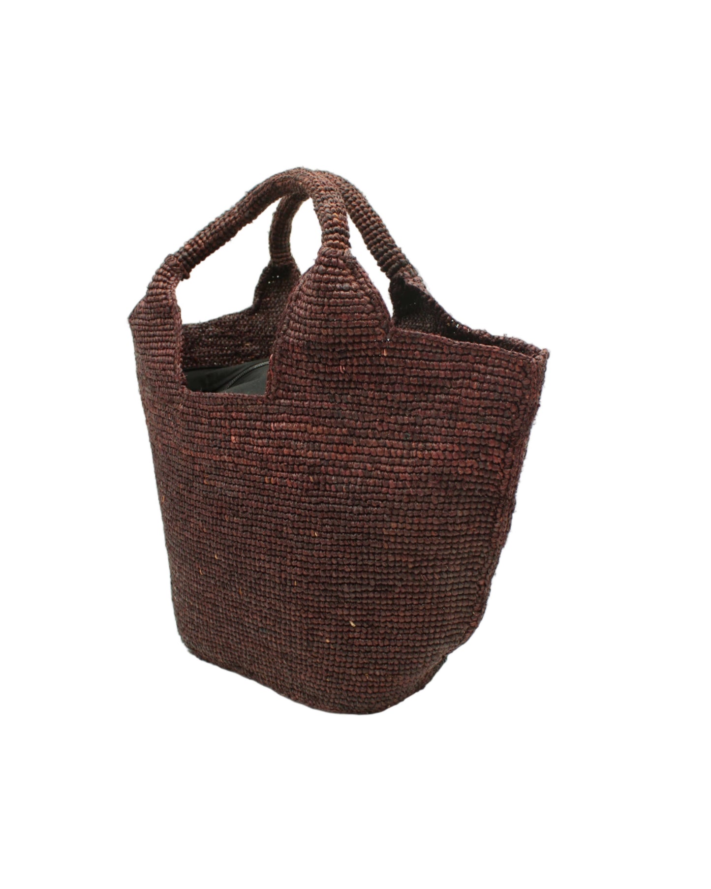 Brown woven handbag on a white background
