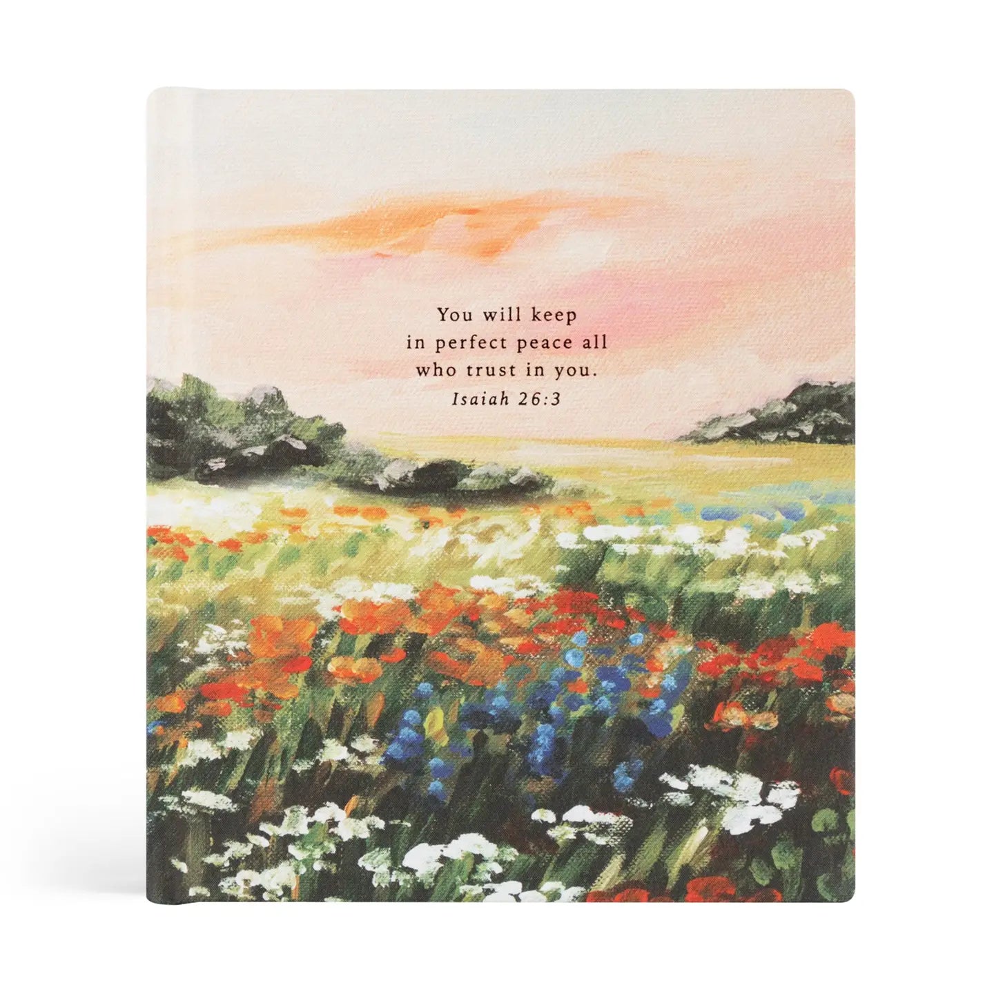 Notebook with a colorful landscape illustration and a Bible verse on a white background