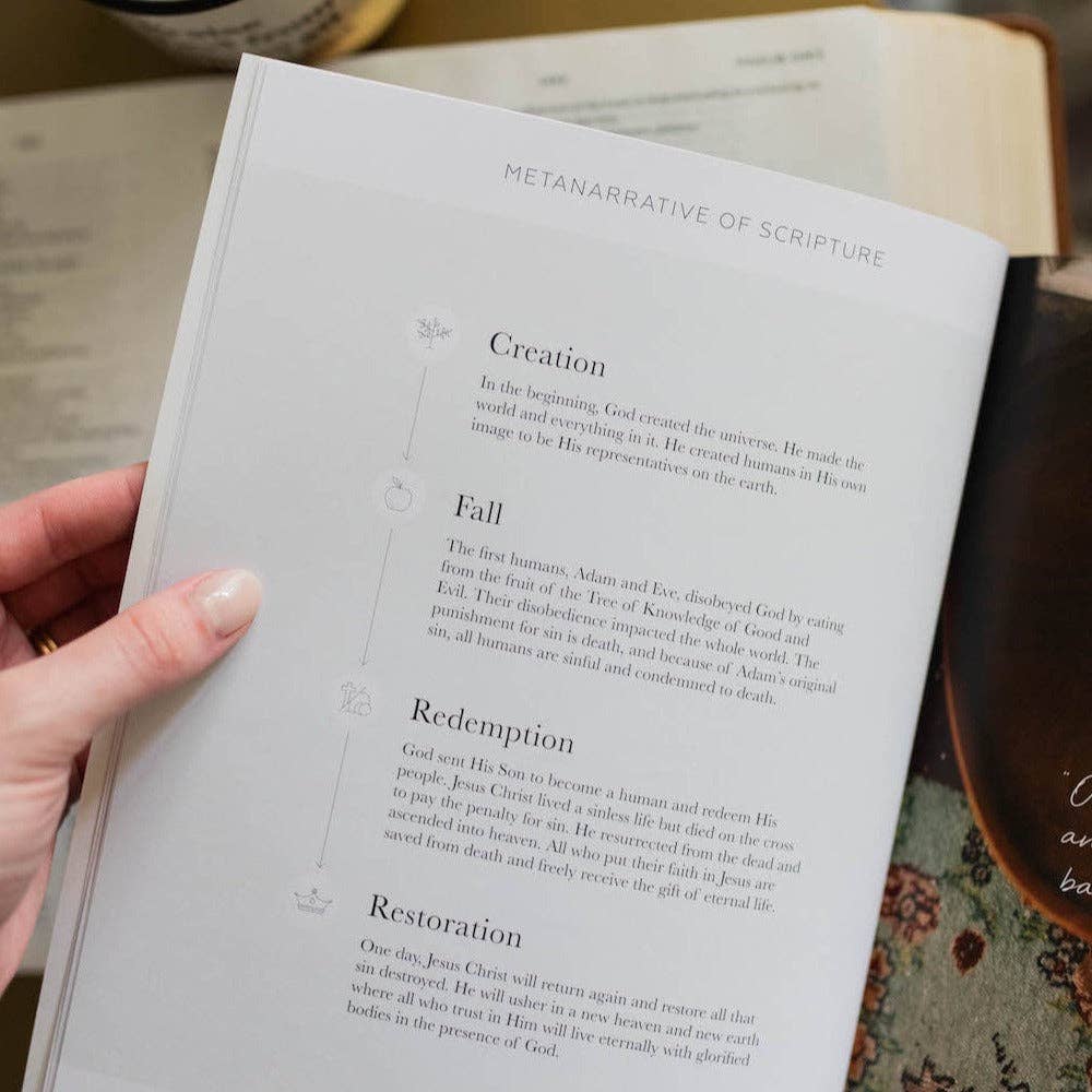 Book open to a page titled 'Creation' with text on a wooden surface.