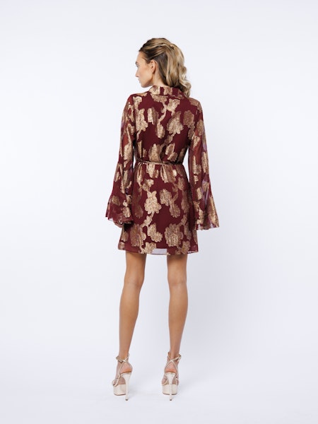 Woman wearing a burgundy floral dress on a white background