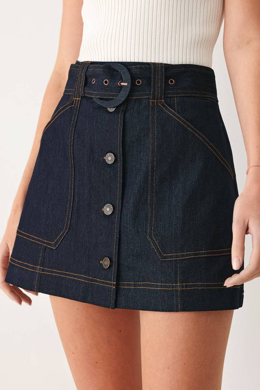 Denim skirt with button details on a plain background