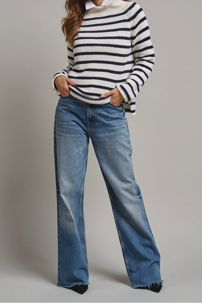 Navy Stripe Mock Neck Cotton Knit Sweater