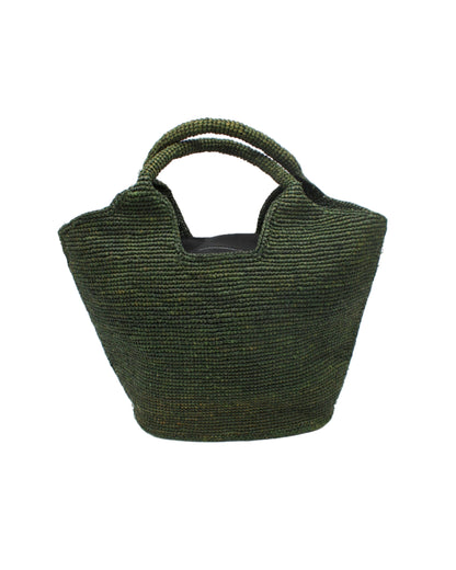 Green woven handbag on a white background
