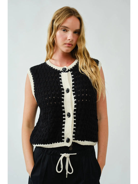 Black and White Knit Vest Top with Contrast Trim and Statement Buttons