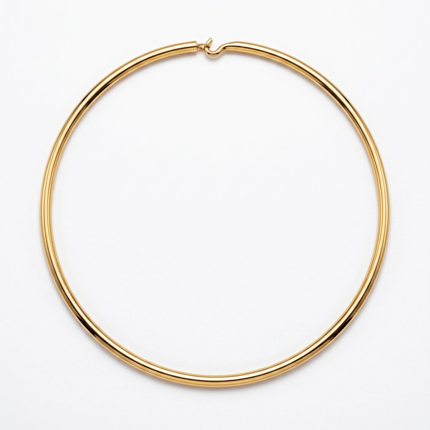 A thin, polished gold hoop necklace with a small spring-ring clasp, shown on a clean white background.