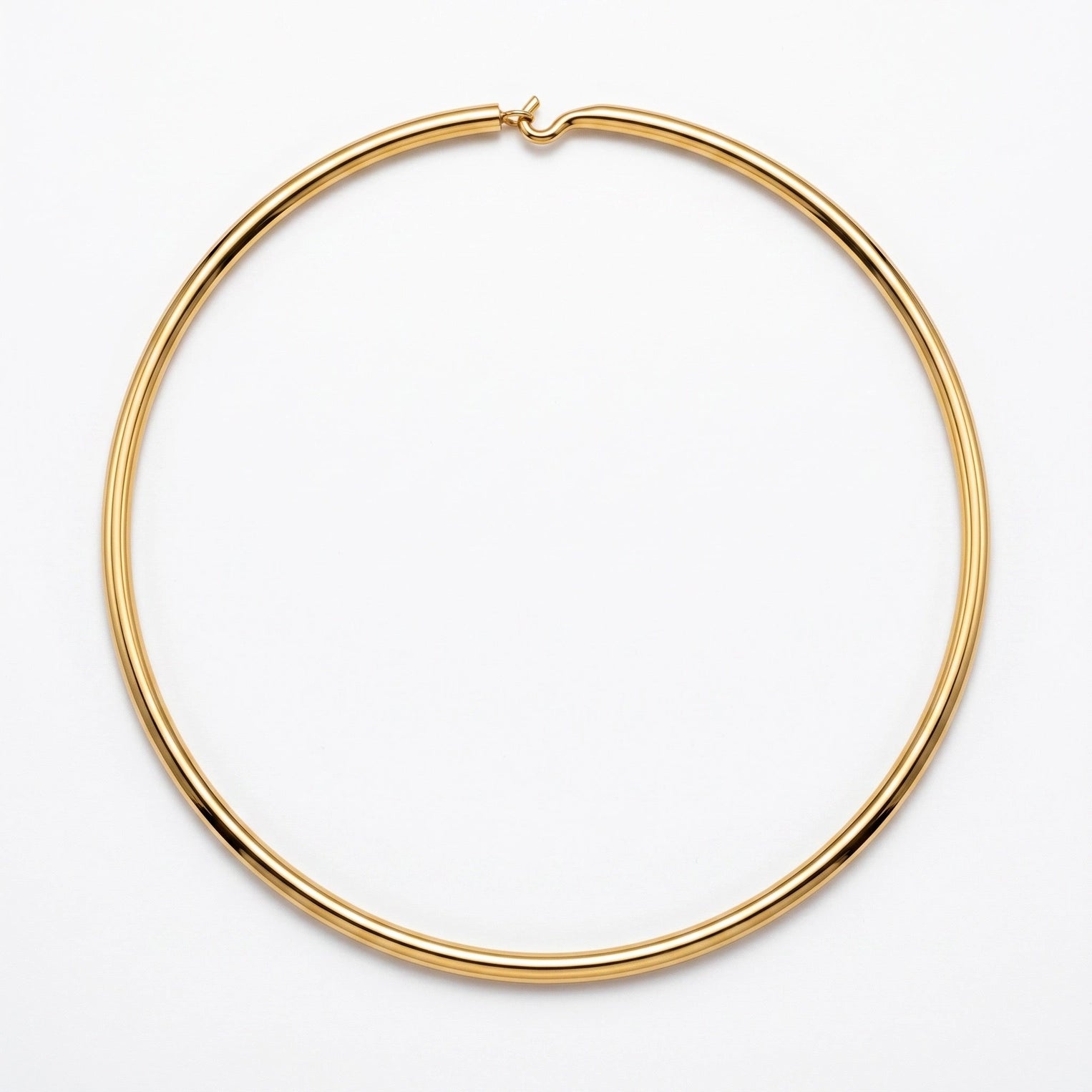 A thin, polished gold hoop necklace with a small spring-ring clasp, shown on a clean white background.