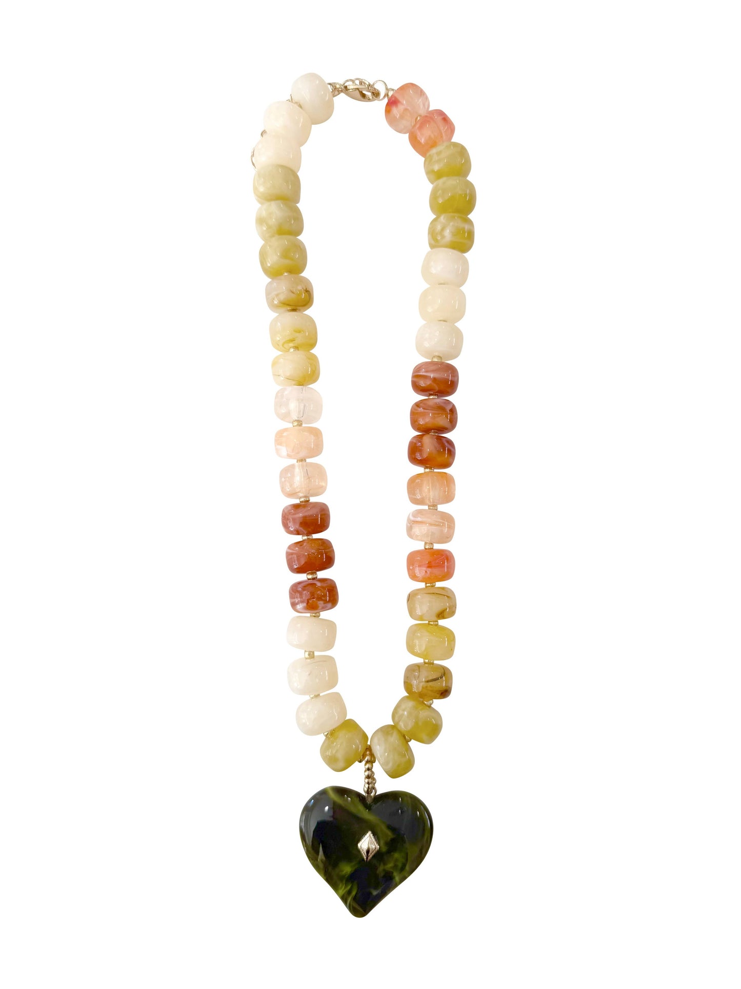 Necklace with multicolored beads and a heart-shaped pendant on a white background