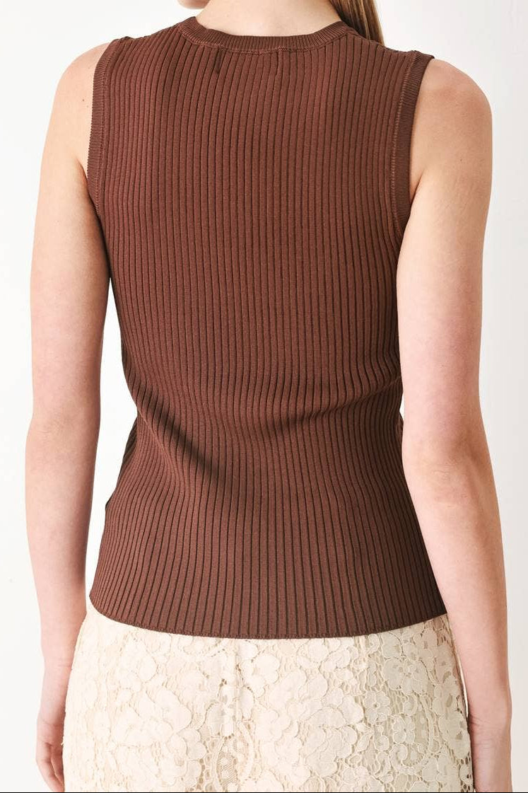 A woman shown from the back wearing a sleeveless ribbed knit top in a warm brown color, paired with a cream lace skirt, against a plain white background.