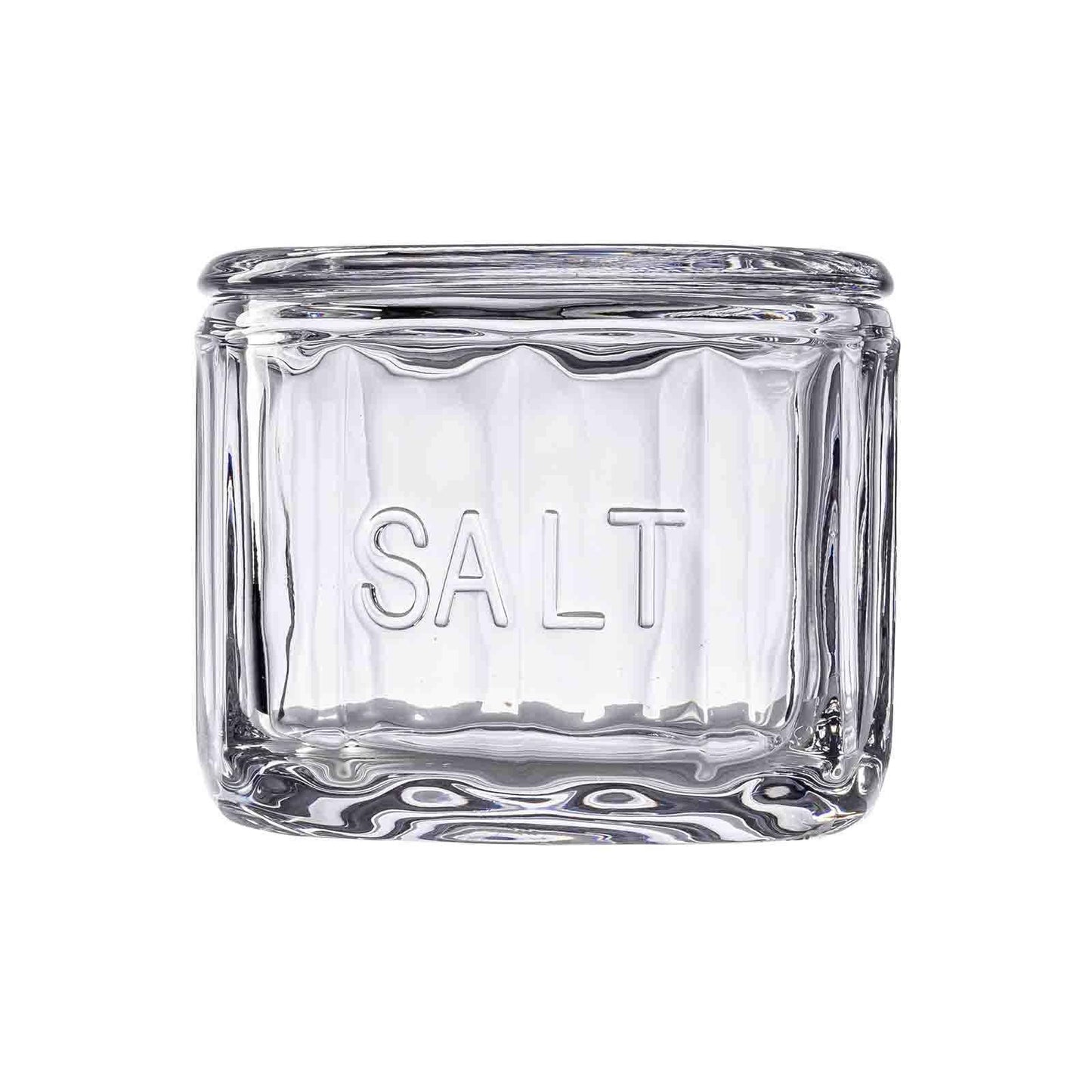 Clear glass jar labeled 'SALT' on a white background