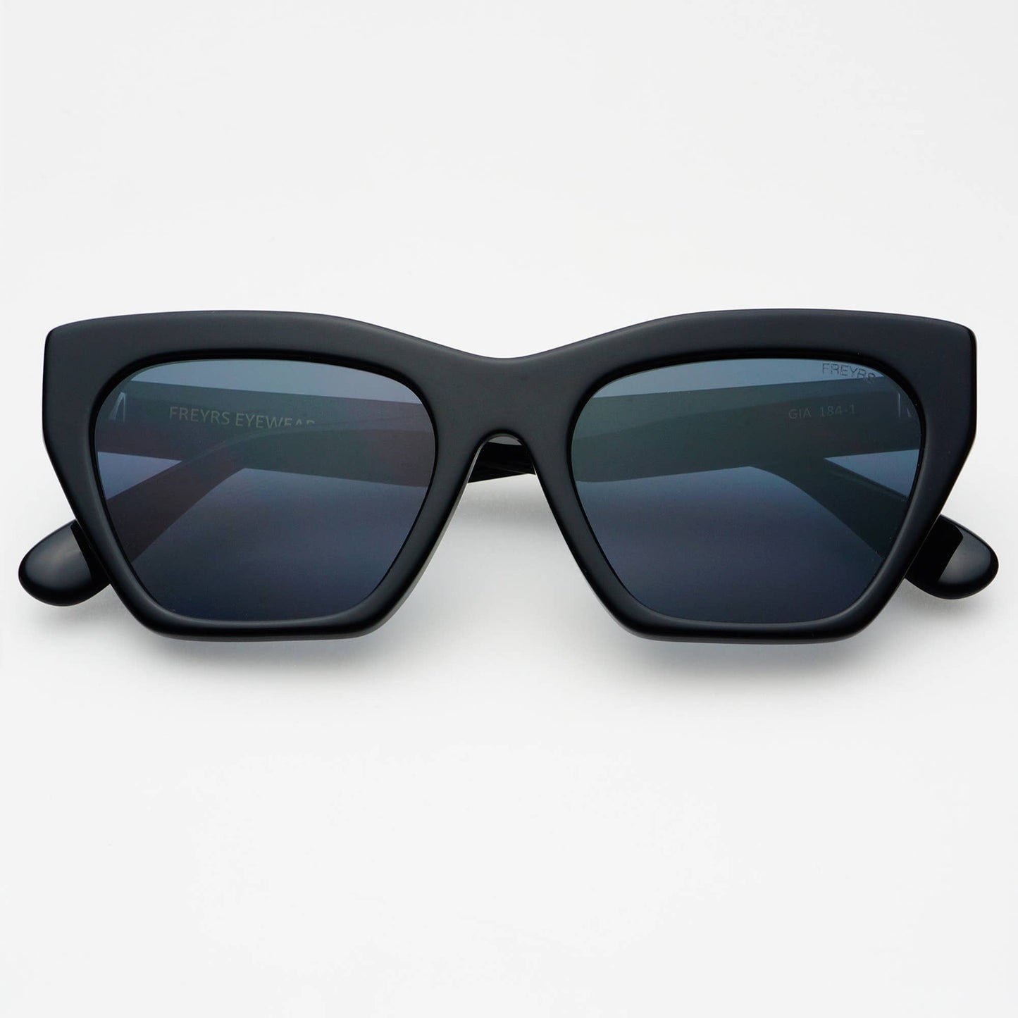 Black sunglasses with dark lenses on a white background