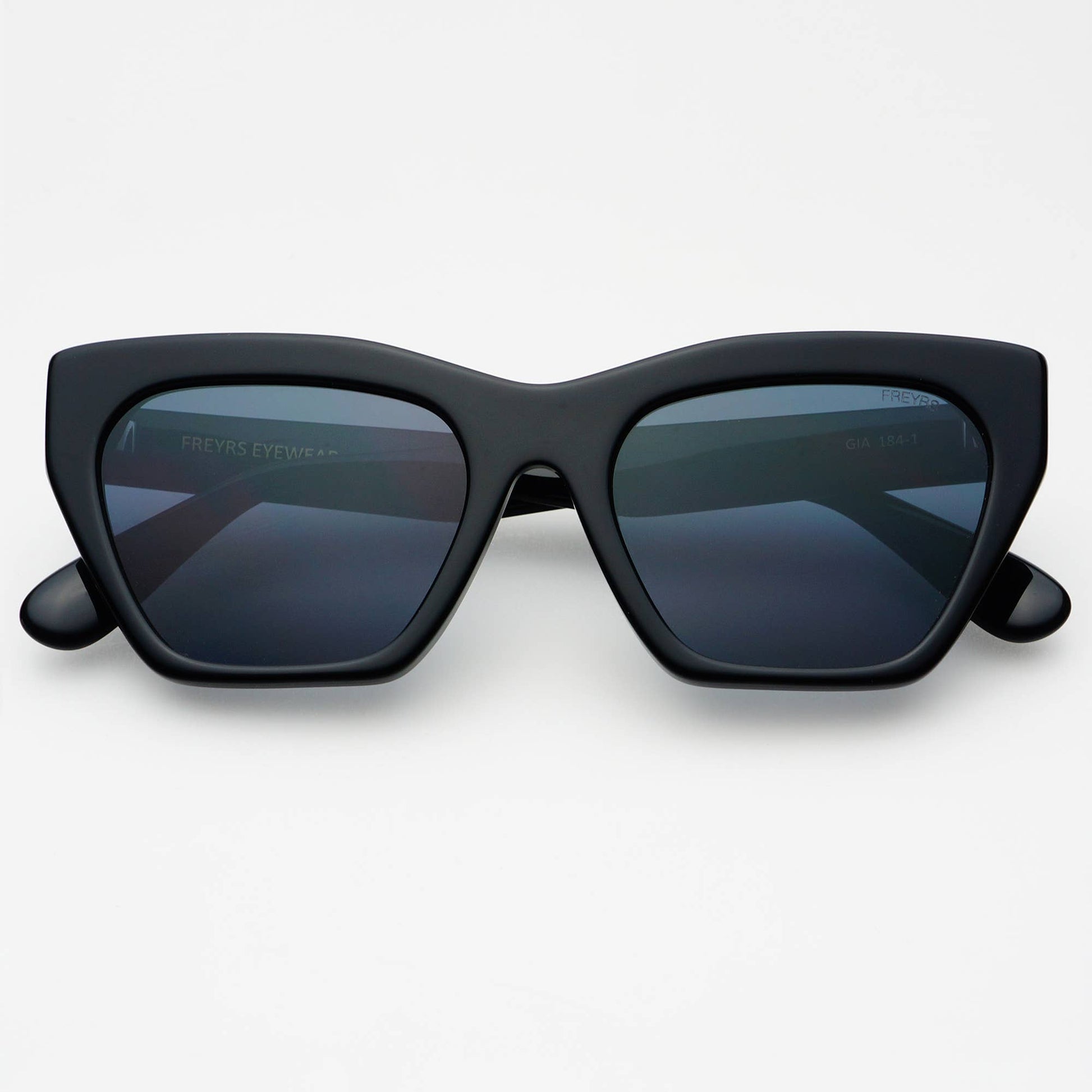 Black sunglasses with dark lenses on a white background