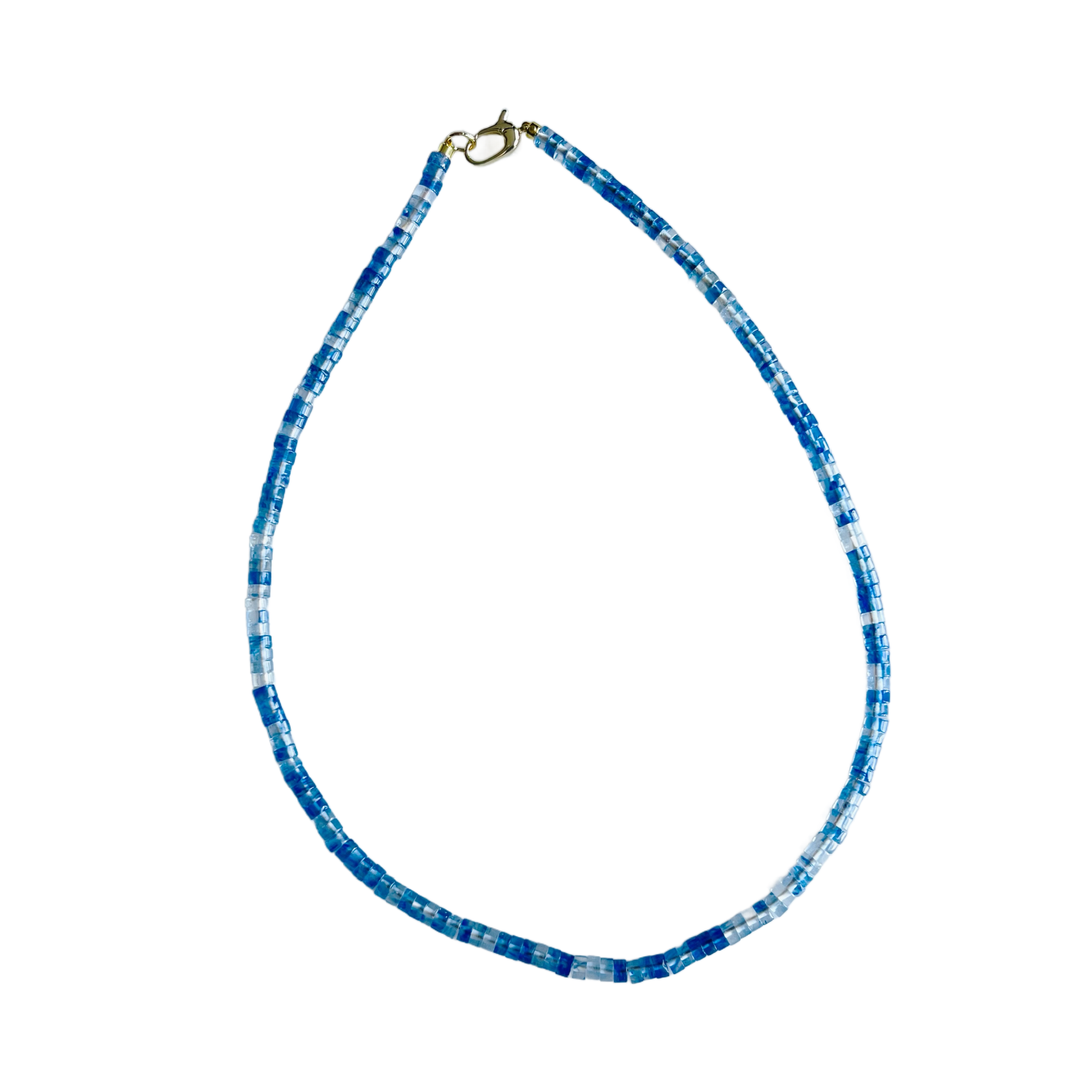 Blue beaded lanyard with a gold clasp on a white background