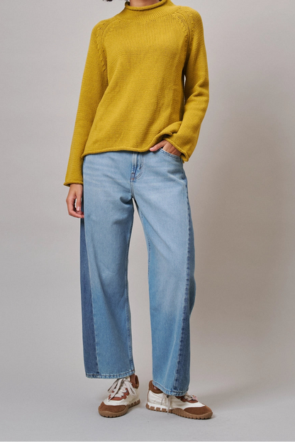 Chartreuse Mock Neck Cotton Knit Sweater