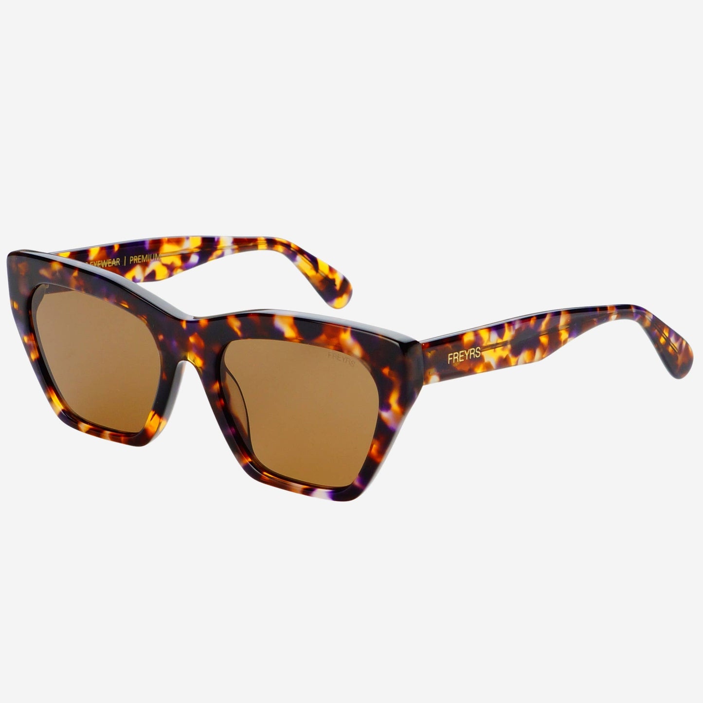 Sunglasses with tortoiseshell frame and brown lenses on a white background