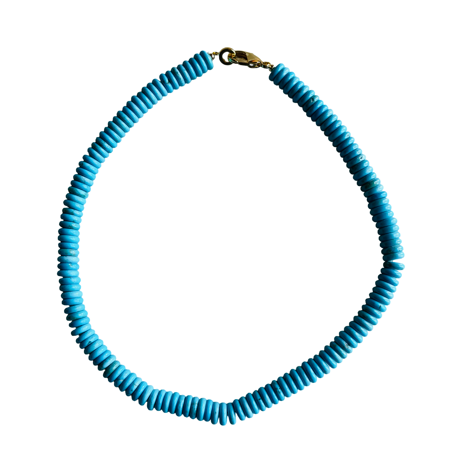Turquoise beaded necklace with a gold clasp on a white background