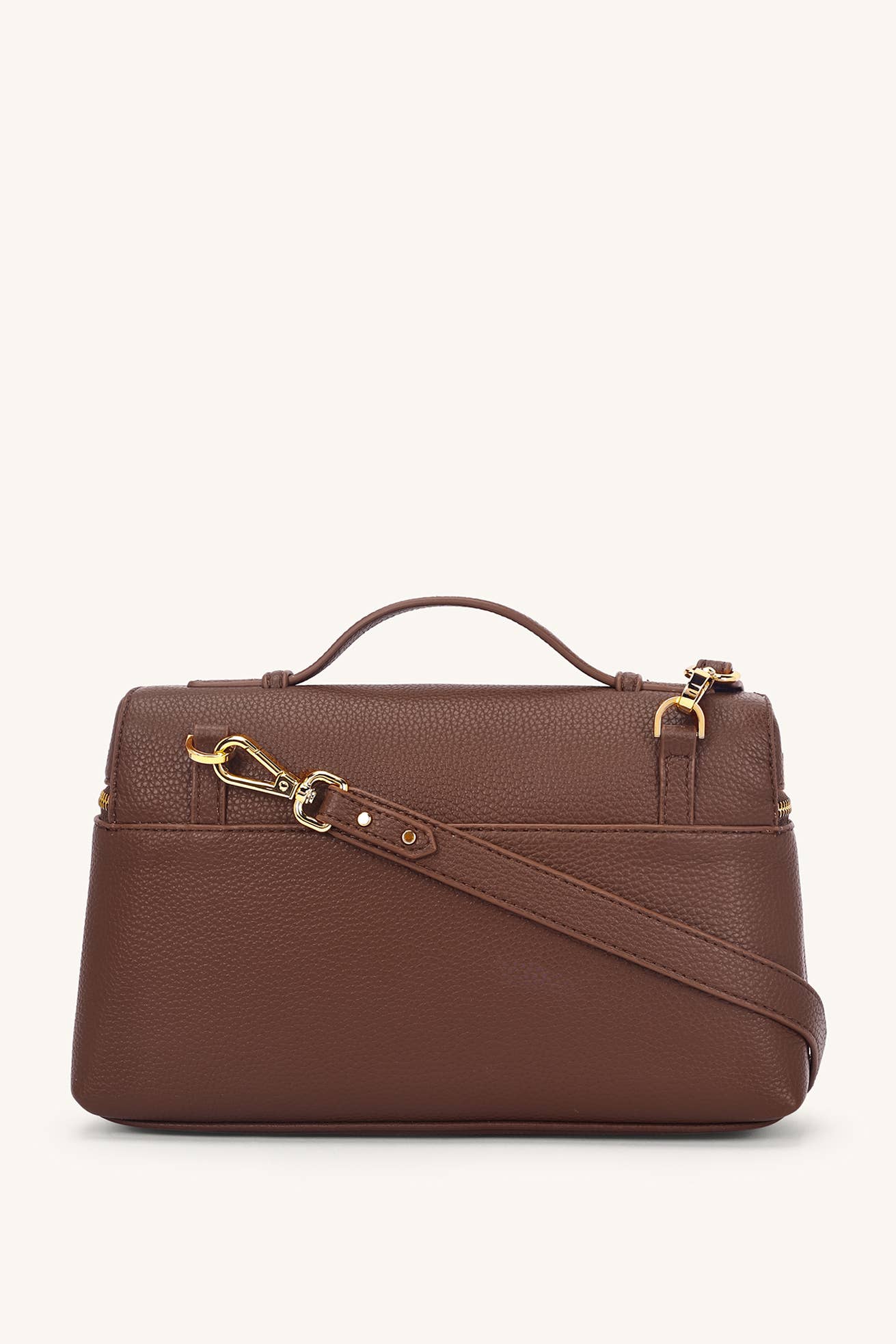 A brown pebbled leather handbag with a top handle, a detachable shoulder strap, and gold-tone hardware, shown against a plain off-white background.