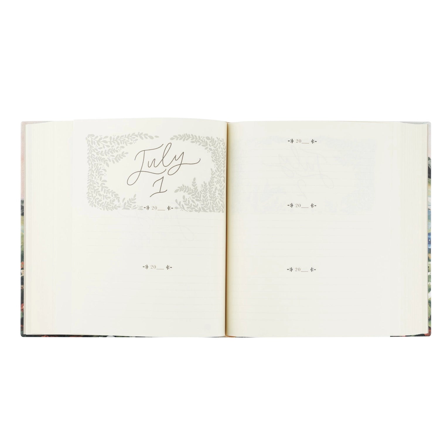 An open monthly devotional showing blank pages with a decorative gray floral border and the cursive date 'July 1' on the left page.