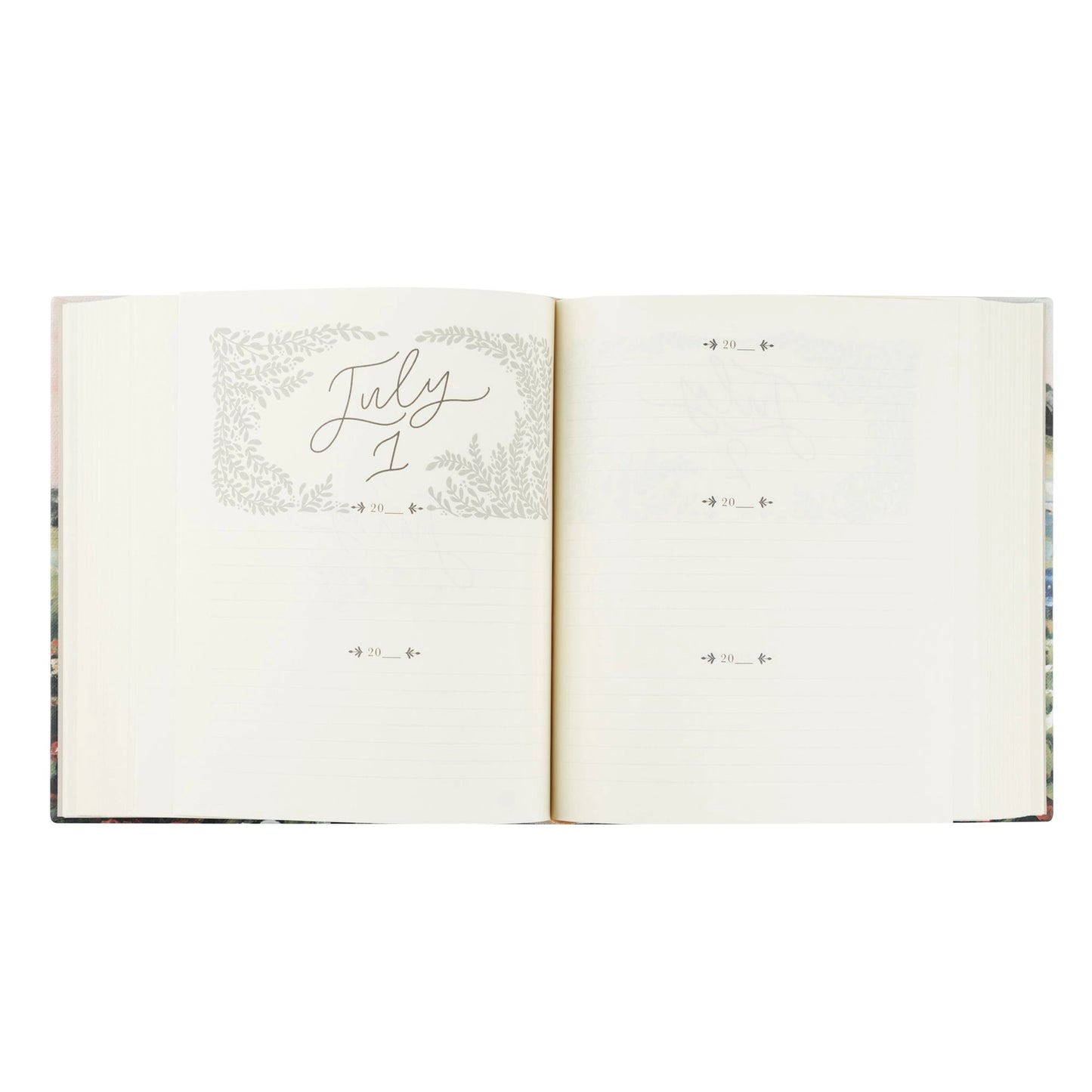 An open monthly devotional  showing blank pages with a decorative gray floral border and the cursive date 'July 1' on the left page.