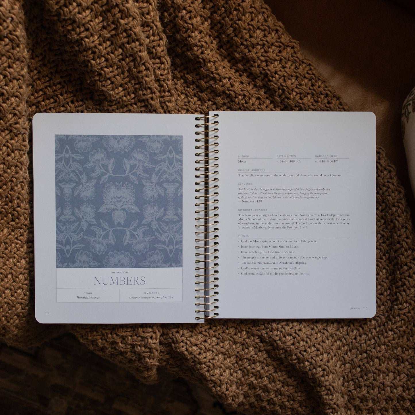 Open book on a textured brown surface with text and a blue patterned page.