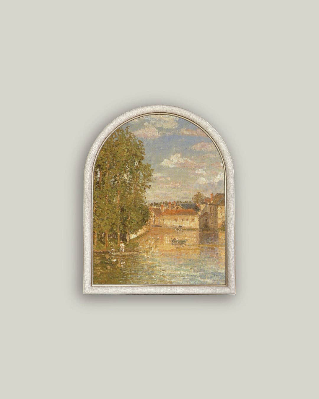 Framed painting of a landscape with trees and buildings on a gray wall