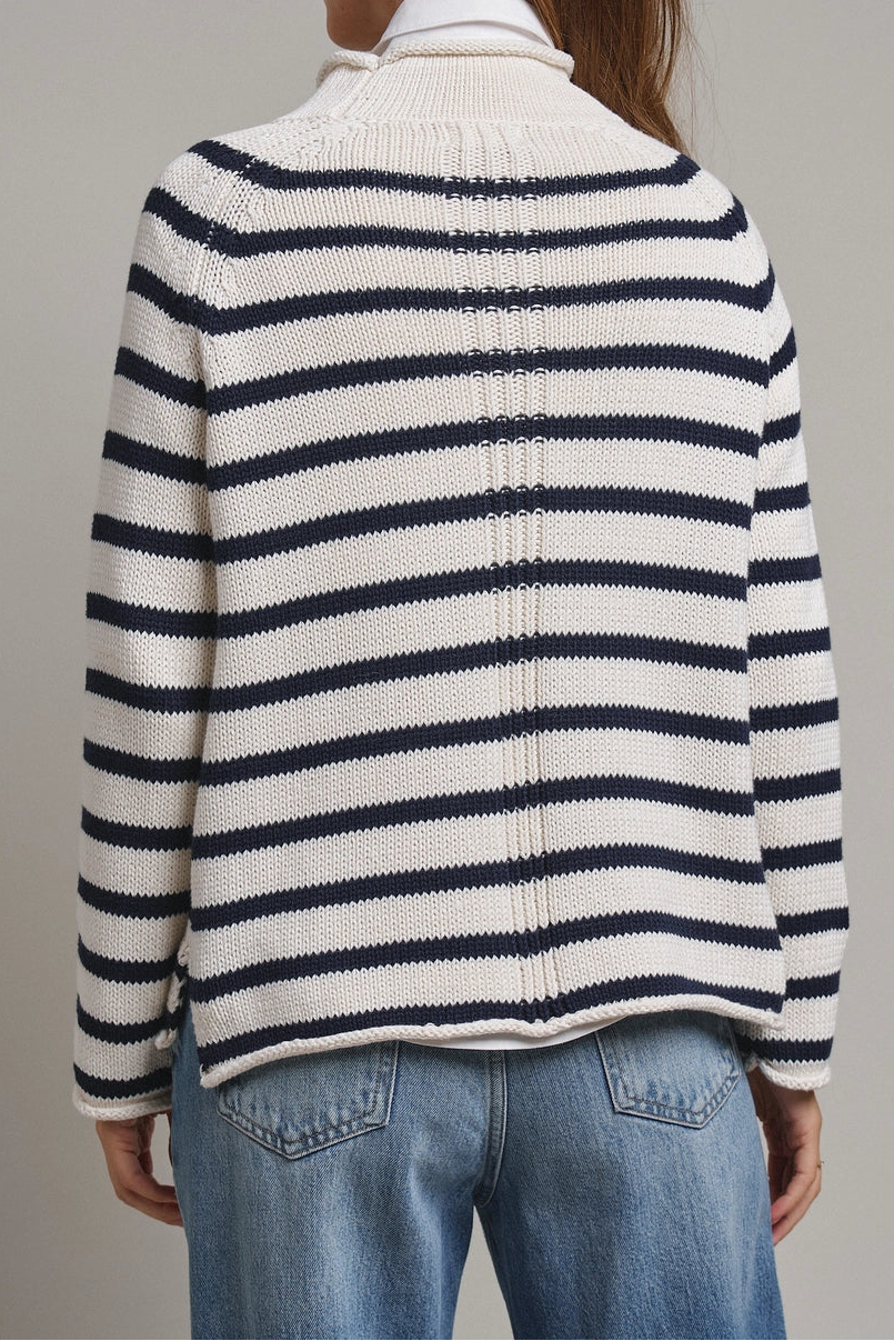 Navy Stripe Mock Neck Cotton Knit Sweater
