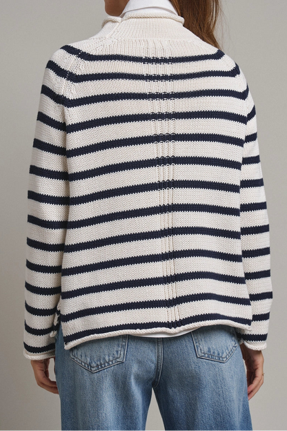 Navy Stripe Mock Neck Cotton Knit Sweater