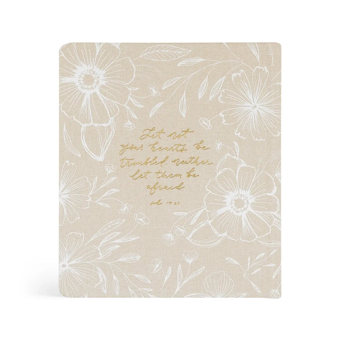 Beige notebook with floral patterns and text on a white background