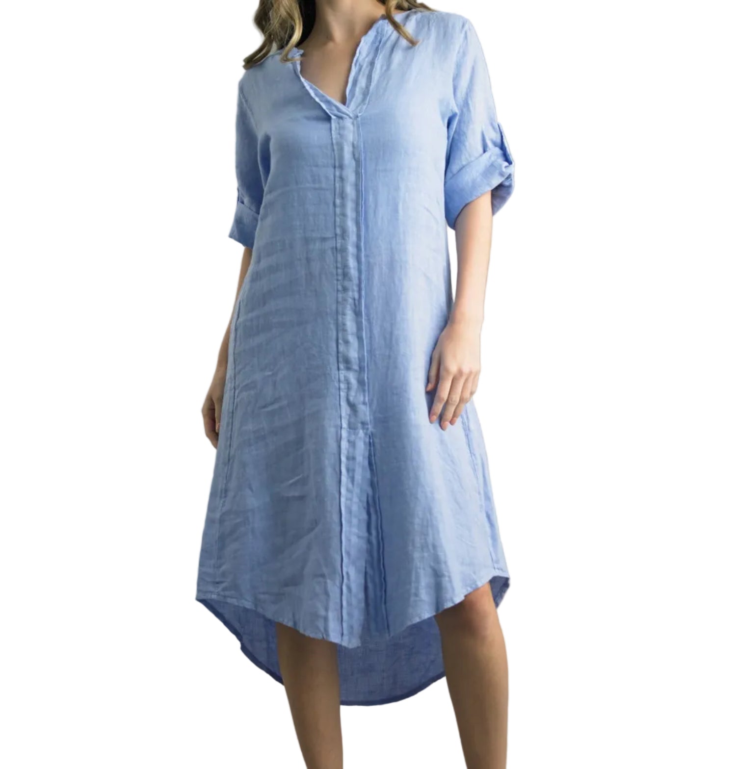 woman wearing a Denim blue linen coverup