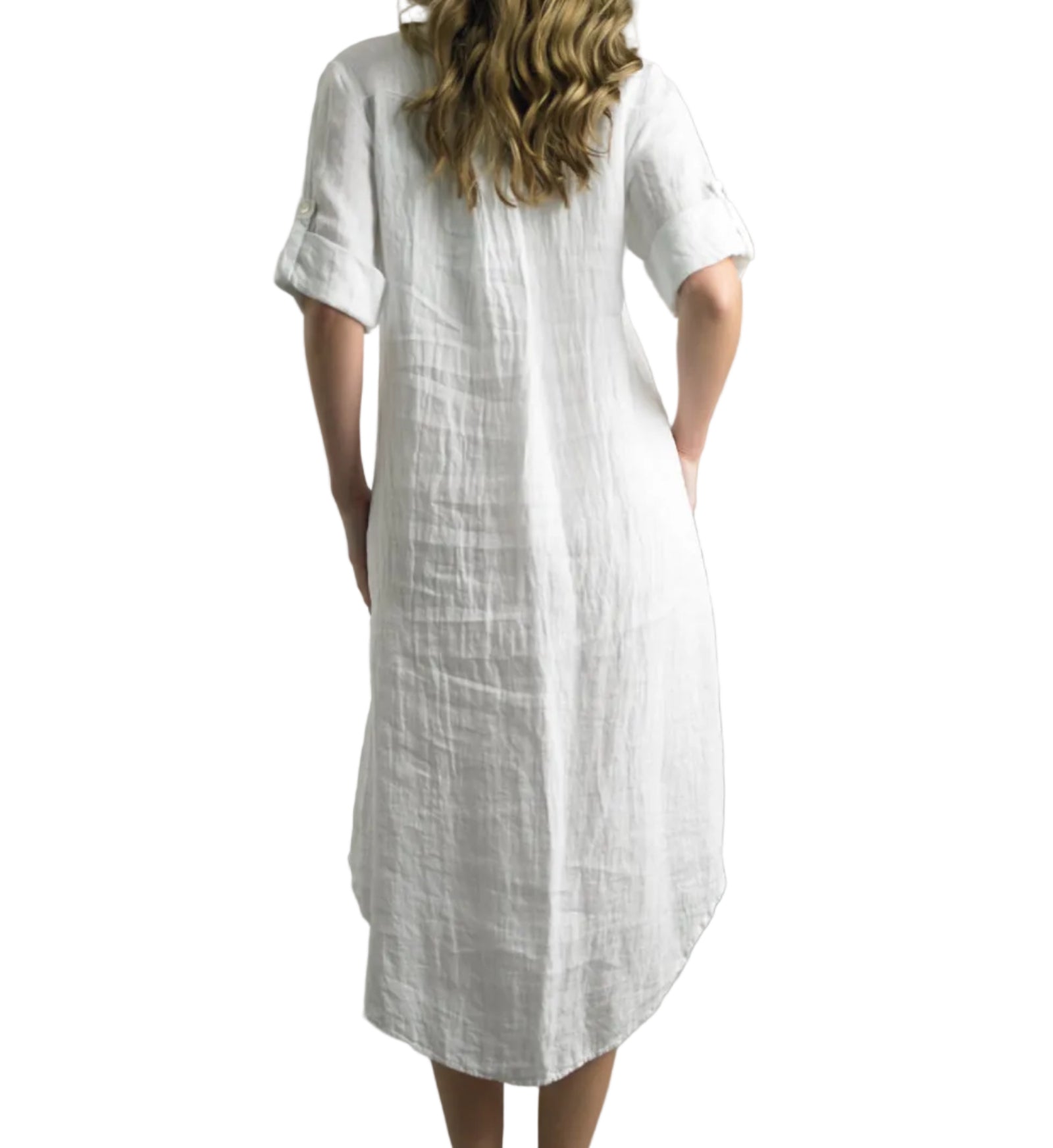 Woman wearing a white dress with short sleeves on a gray background