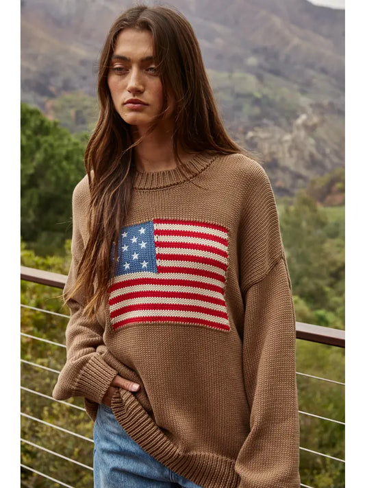 Olive Brown American Flag Knit Sweater
