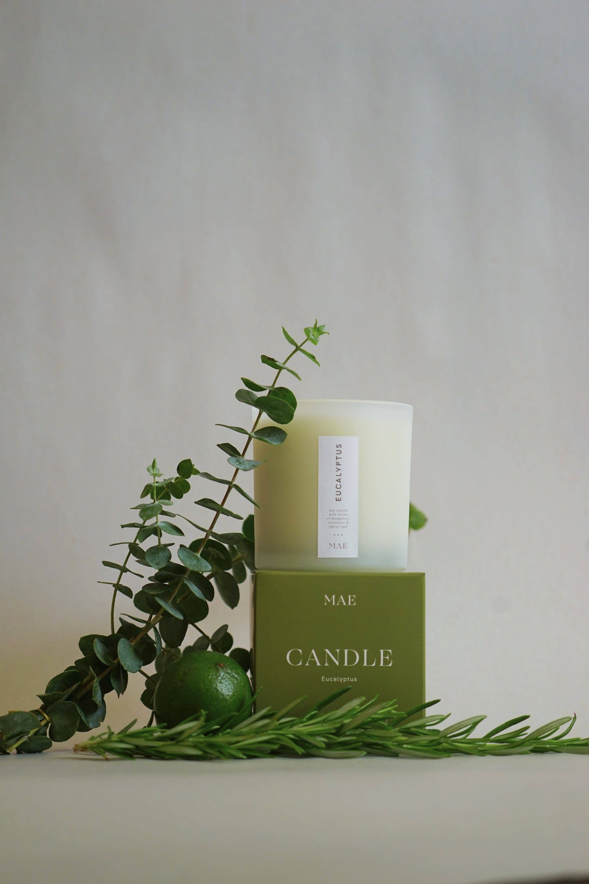 Green candle with eucalyptus leaves on a neutral background