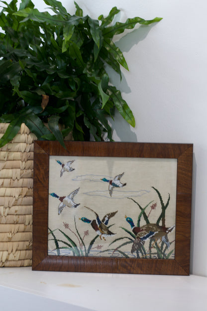 Framed Vintage Mallard Needlework Reproduction in Walnut Burl Frame