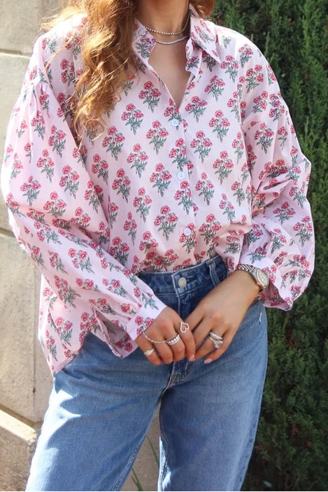 Blush Floral Poplin Button-Up Top