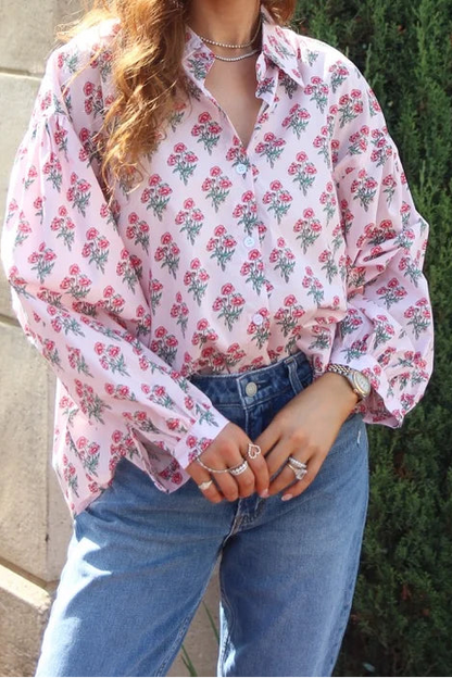 Blush Floral Poplin Button-Up Top