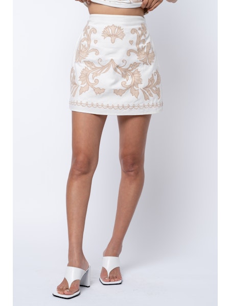 White lace mini skirt worn by a person on a white background