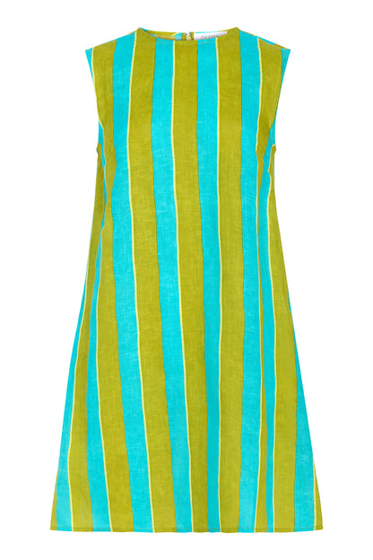 Striped dress with green and blue vertical stripes on a white background