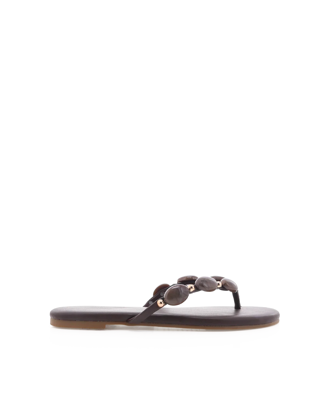 Black sandal with decorative straps on a white background