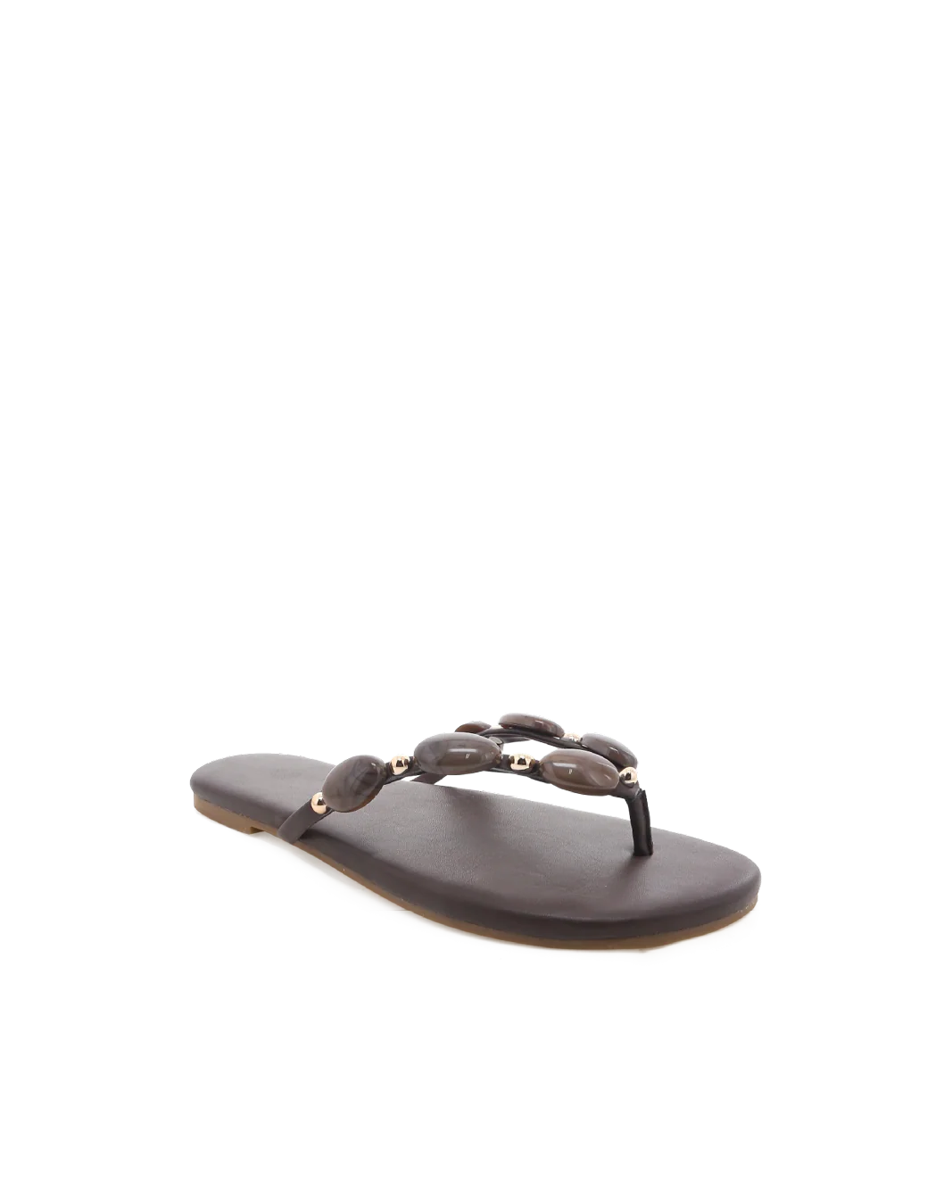 Brown sandal with decorative straps on a white background