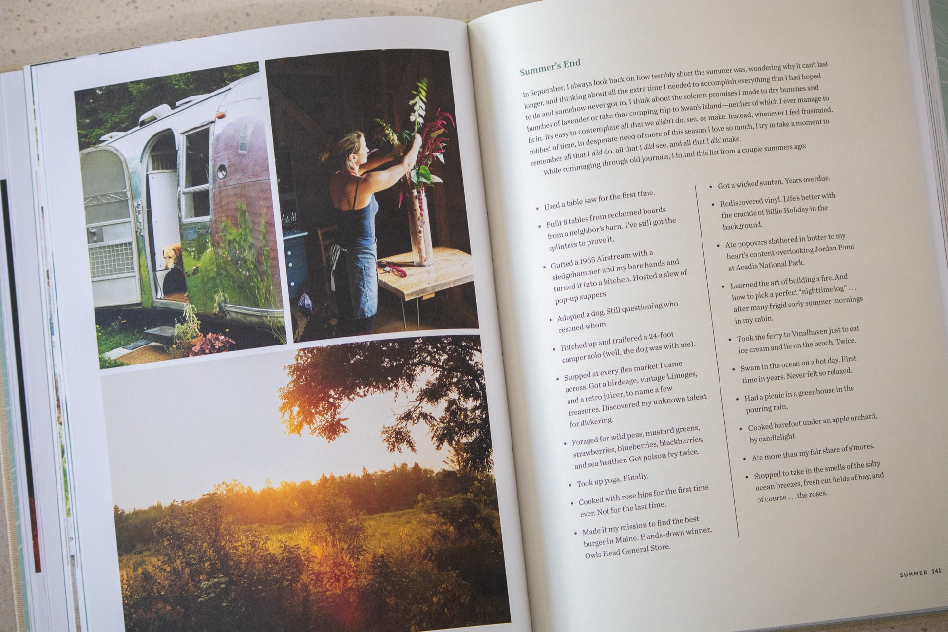 Open book with photos of a person working outdoors and a scenic landscape.